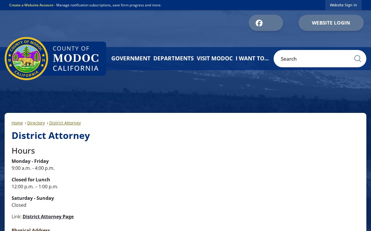 Modoc County District Attorney office contact information in Alturas