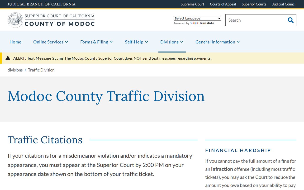 Modoc Superior Court Traffic Division rules for Alturas citations