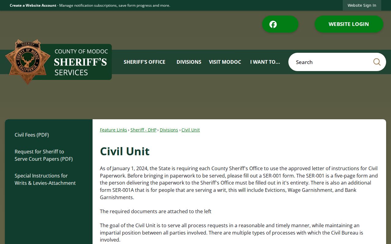 Modoc County arrest records Sheriff Civil Unit warrant information