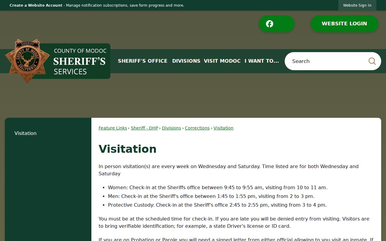 Modoc County arrest records jail visitation and CIDNet schedule