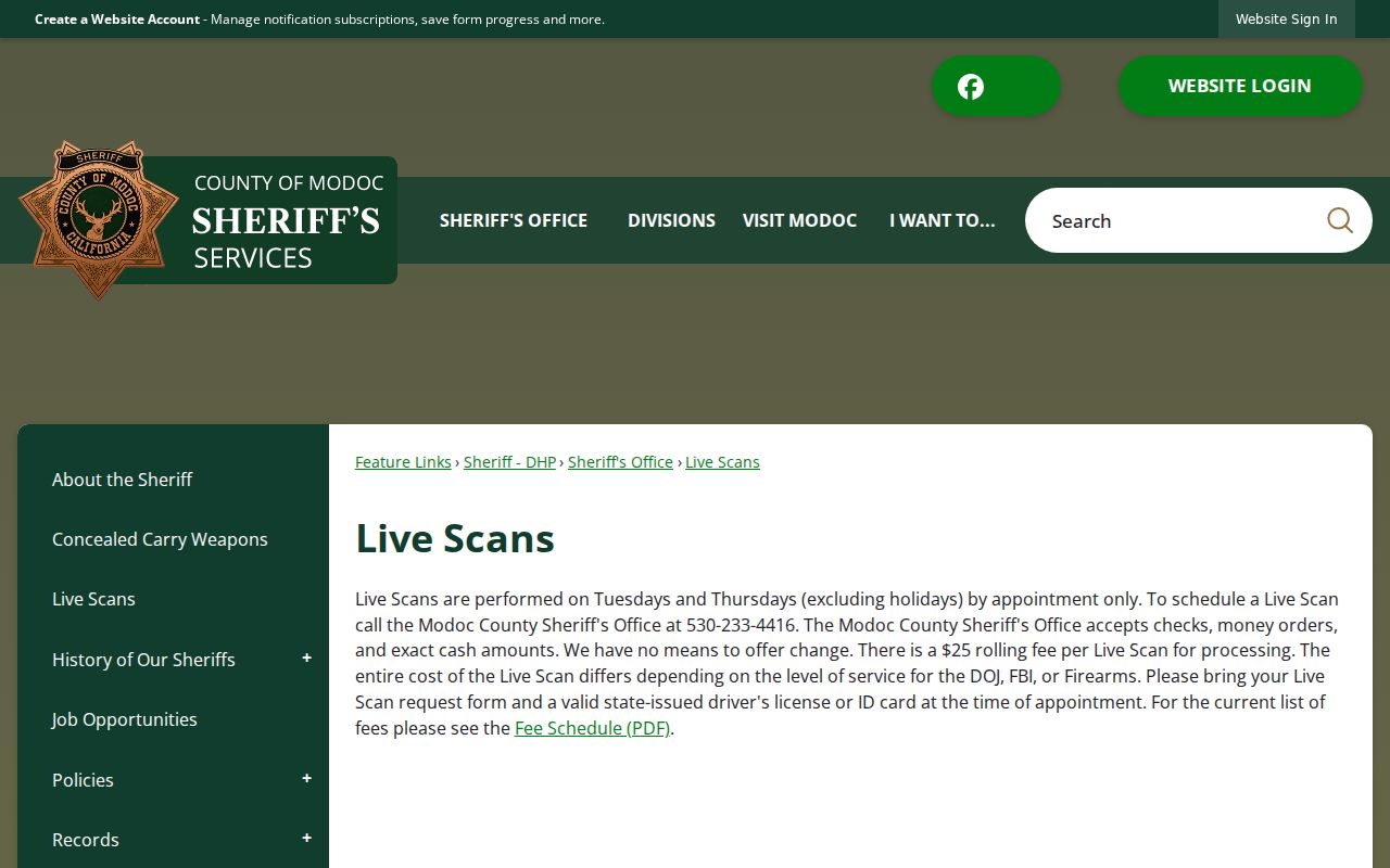 Modoc County arrest history Live Scan appointment and fee information