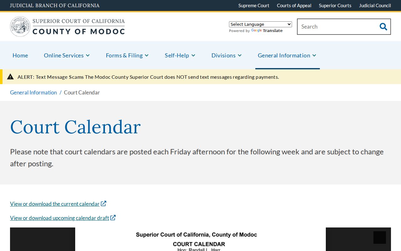 Modoc County criminal court case weekly calendar posting