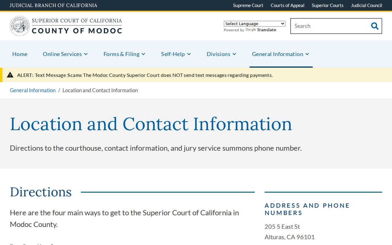 Modoc County court case clerk location and contact information