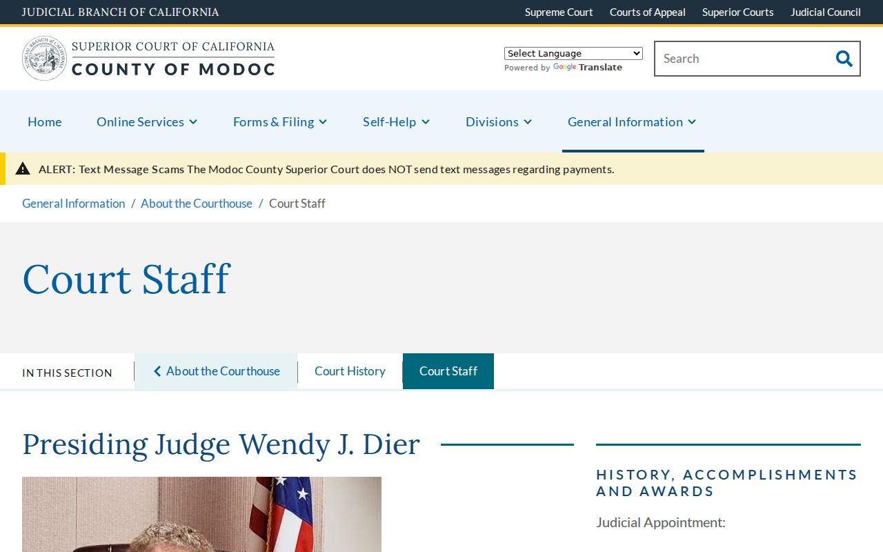 Modoc County criminal court case judge and court staff listing
