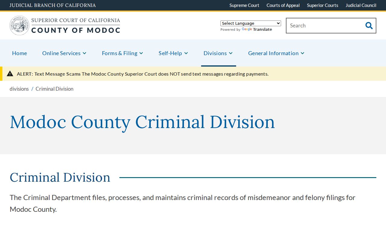 Modoc County criminal court case Criminal Division information