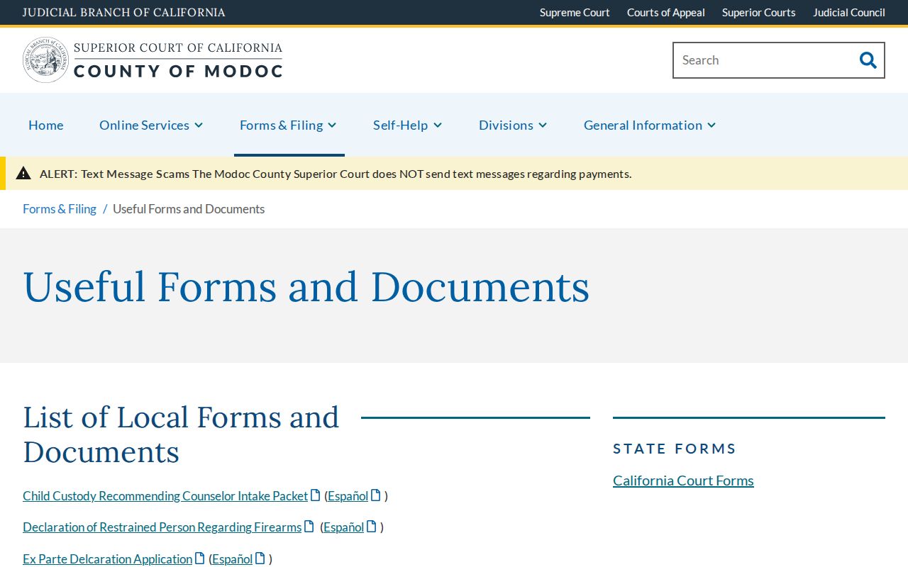 Modoc County criminal court case local dismissal and sentence forms
