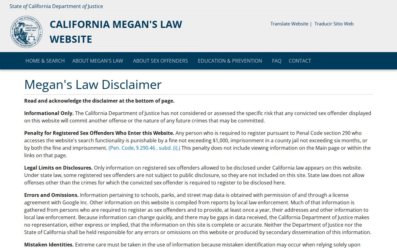Modoc County criminal records California Megan's Law disclaimer