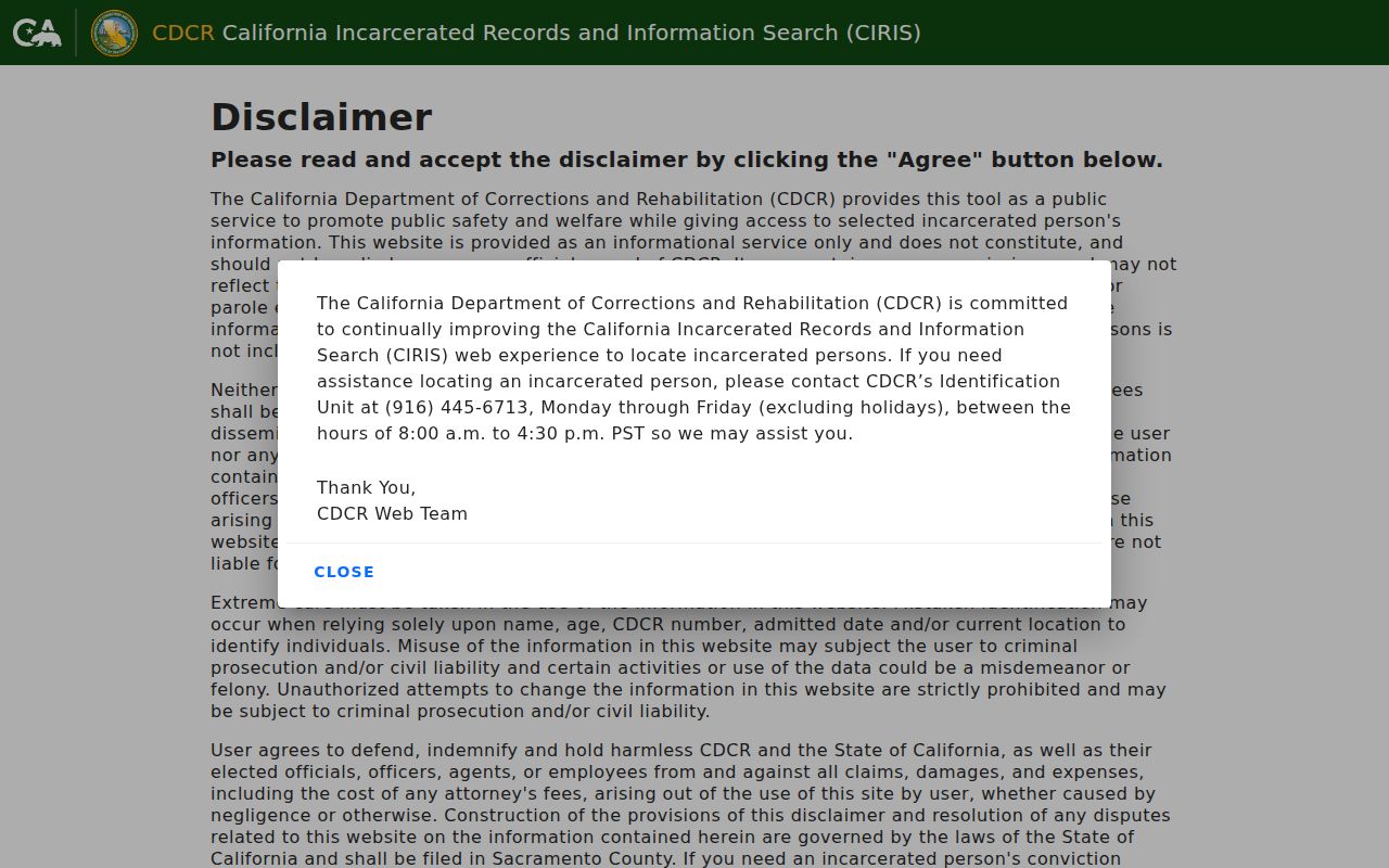 Modoc County criminal records CDCR CIRIS custody search