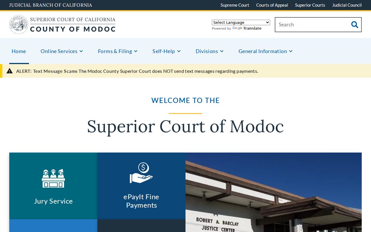 Modoc County criminal records Superior Court home page