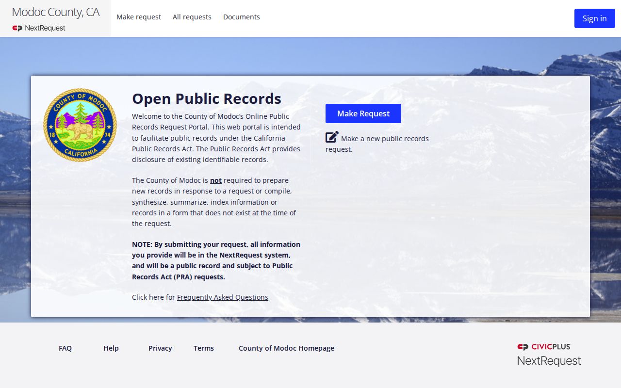 Modoc County criminal history request portal