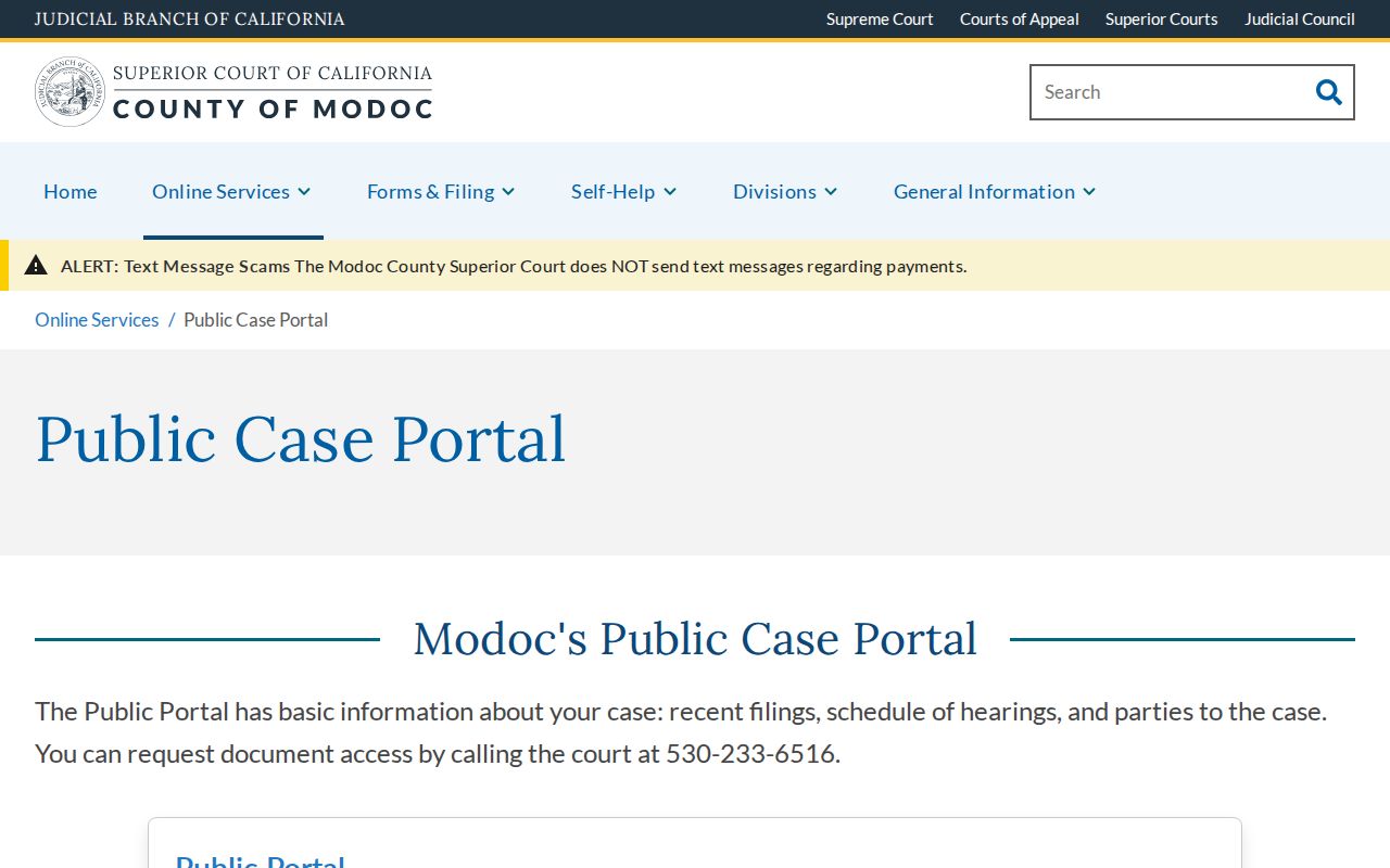 Modoc County criminal history Public Case Portal information