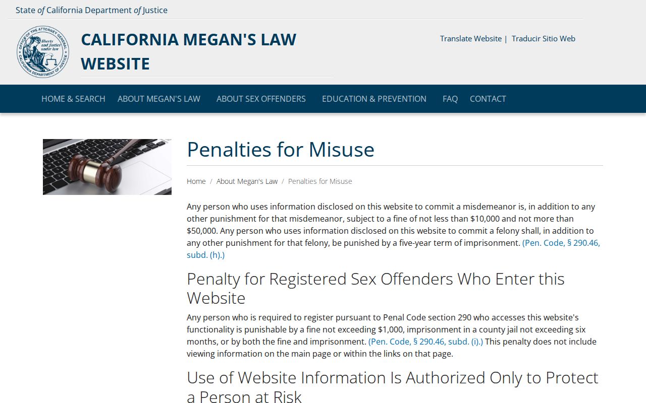 California Megan's Law penalties for misuse warning